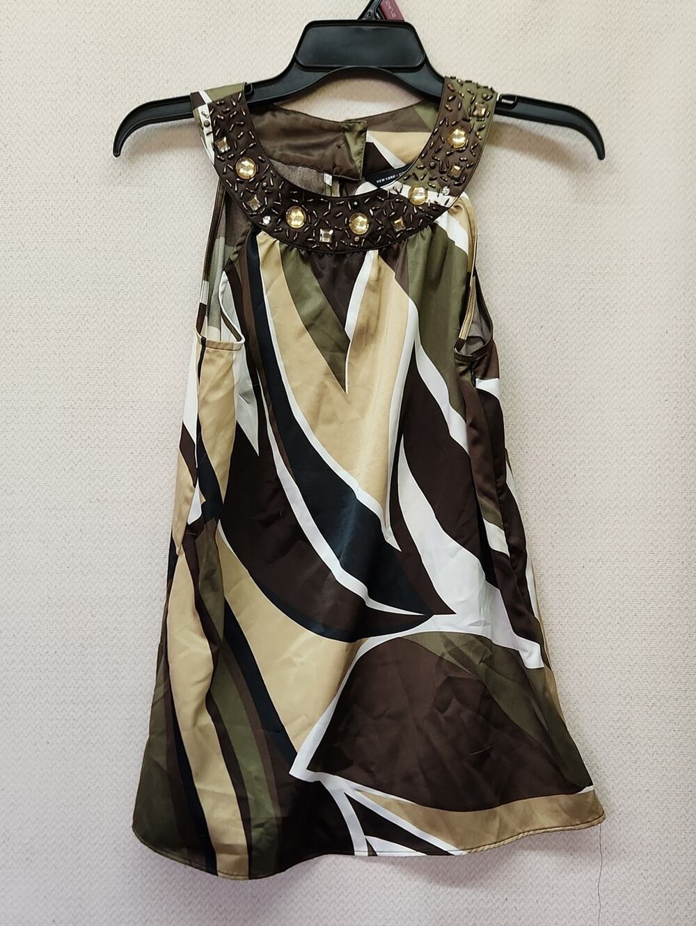 New York & Company Beaded Halter Mini Dress in Olive, Brown & Cream